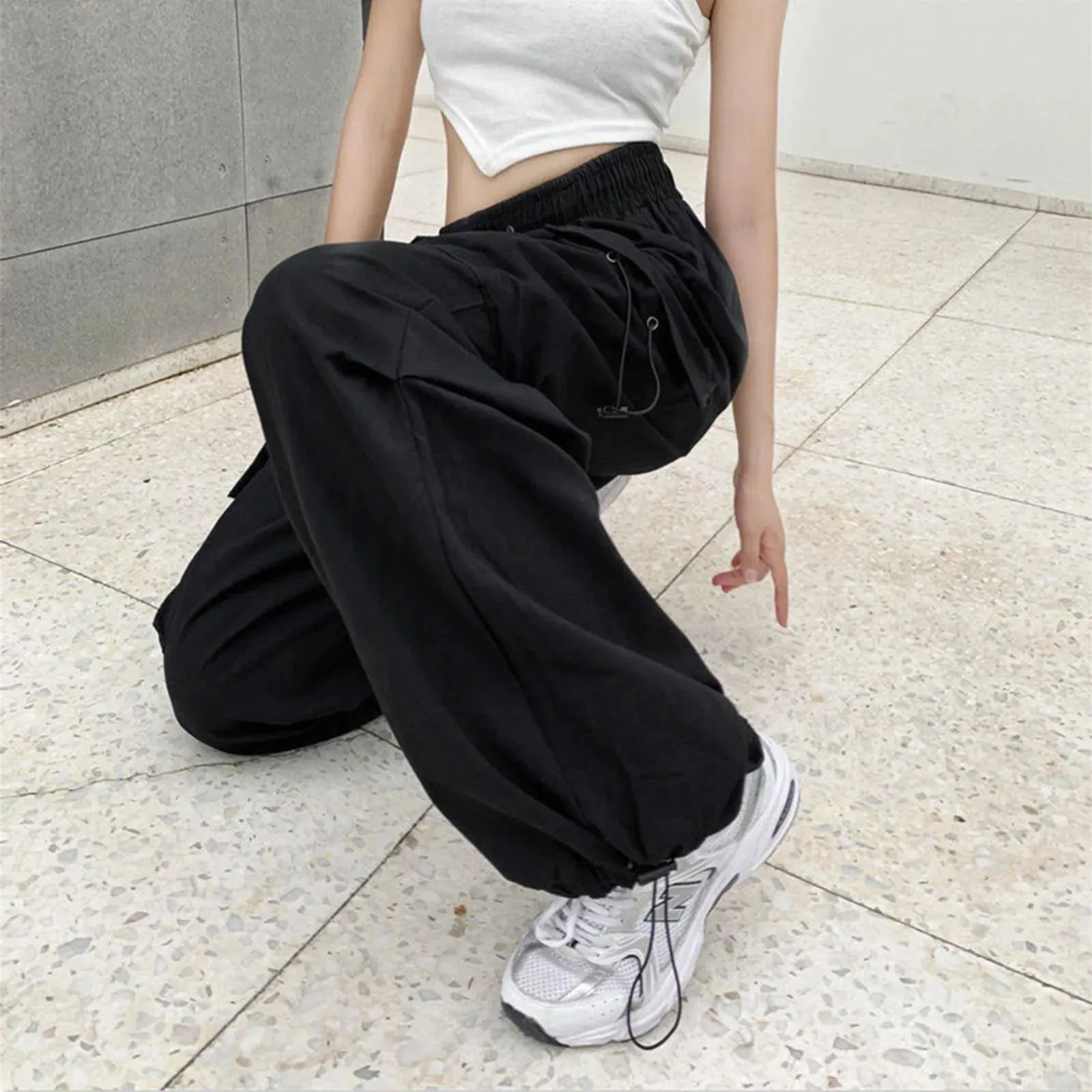 Army Green Cargo Sweat Streetwear Hip Hop Joggers Drawstring Casual Loose Wide Leg Plus Size Womens Baggy Pants