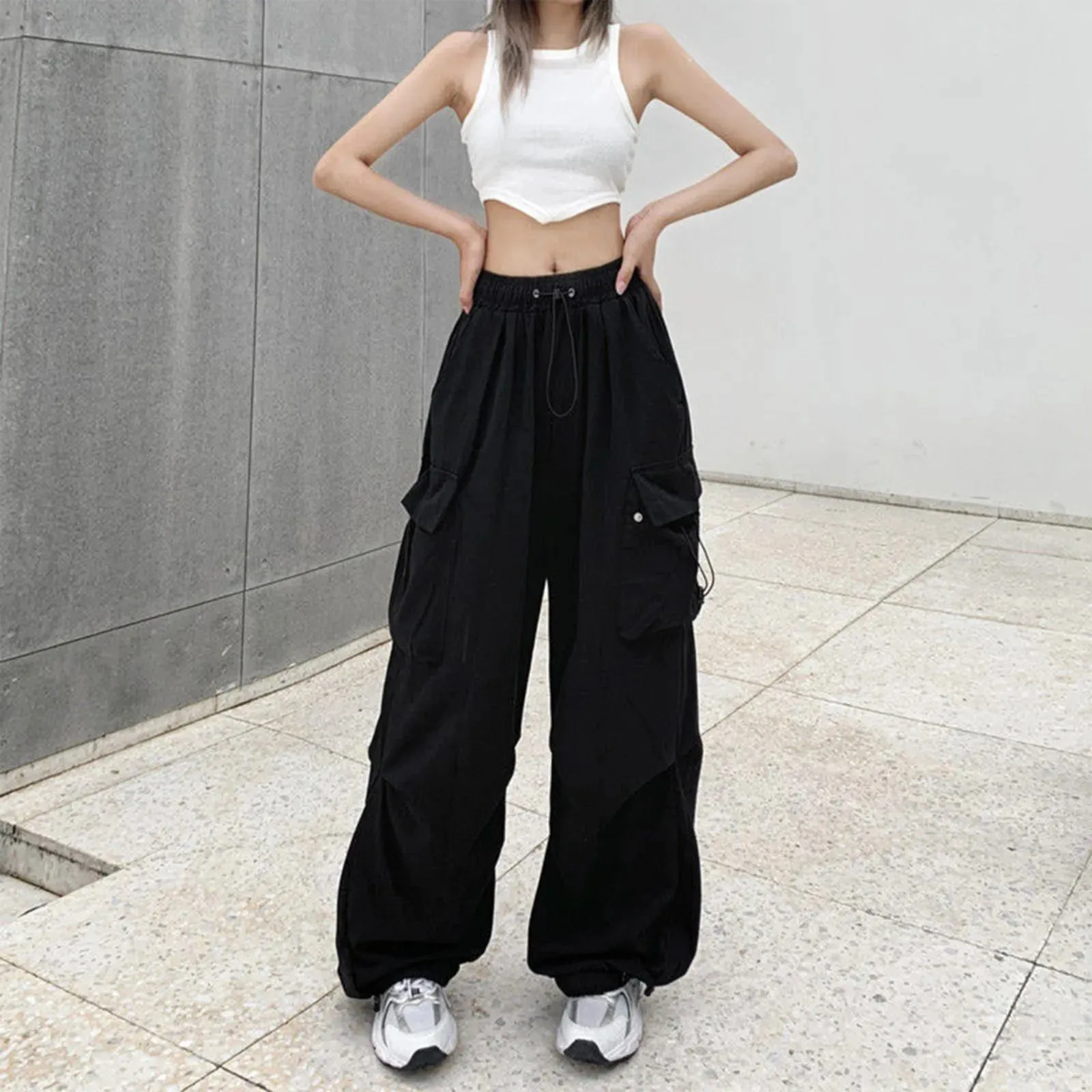 Army Green Cargo Sweat Streetwear Hip Hop Joggers Drawstring Casual Loose Wide Leg Plus Size Womens Baggy Pants