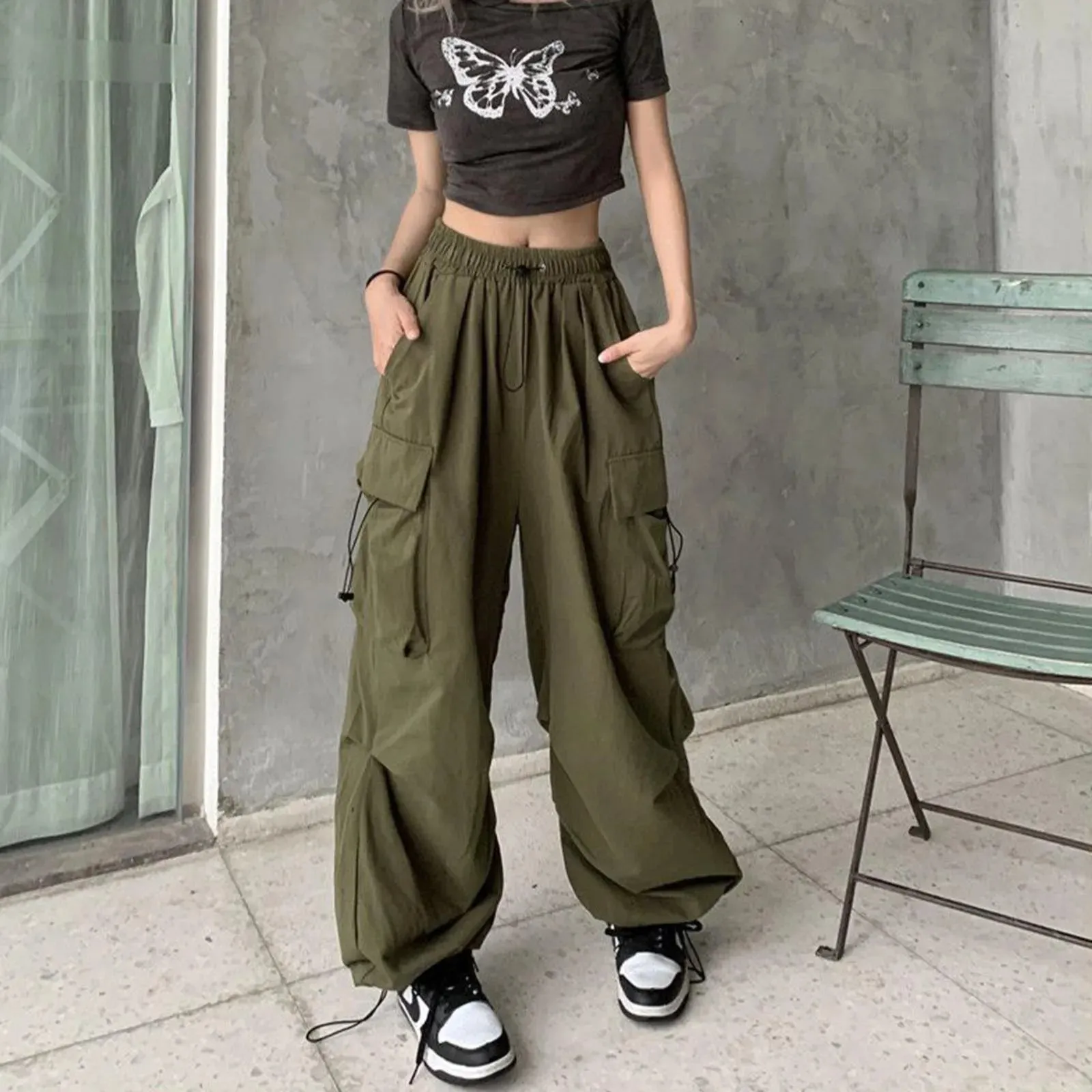 Army Green Cargo Sweat Streetwear Hip Hop Joggers Drawstring Casual Loose Wide Leg Plus Size Womens Baggy Pants
