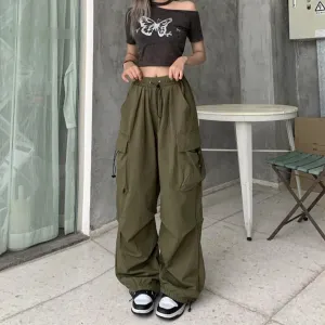 Army Green Cargo Sweat Streetwear Hip Hop Joggers Drawstring Casual Loose Wide Leg Plus Size Womens Baggy Pants