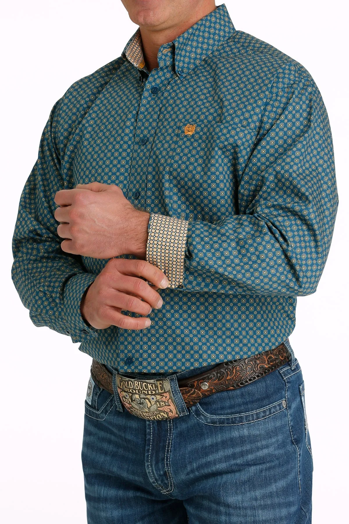 Cinch Men's Medallion Print Button Down Shirt - Blue / Orange