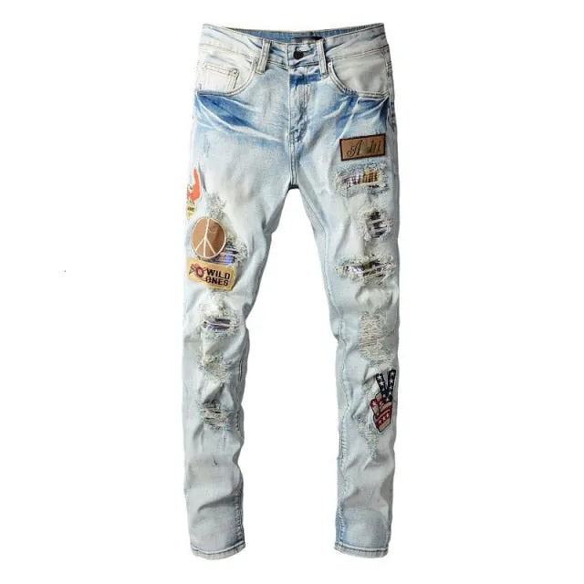 Light Blue Peace Patchwork Decorated Jeans