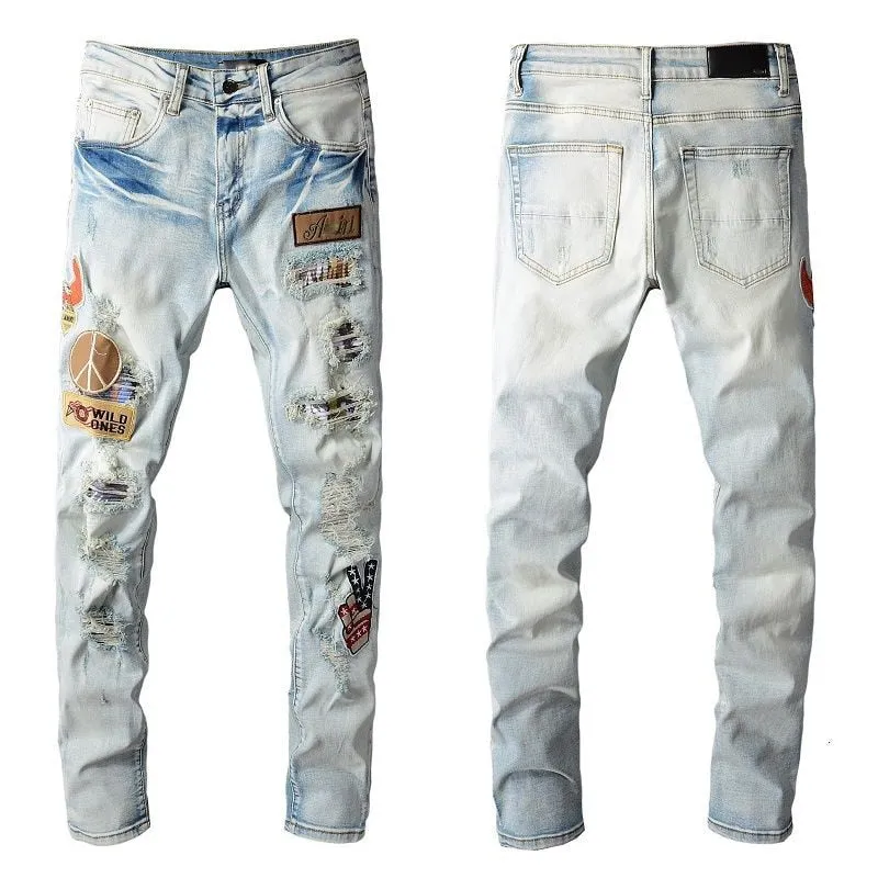 Light Blue Peace Patchwork Decorated Jeans