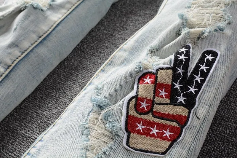 Light Blue Peace Patchwork Decorated Jeans