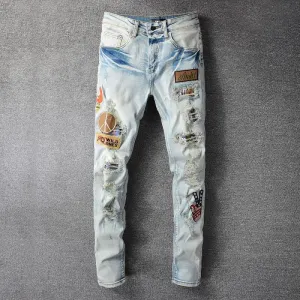 Light Blue Peace Patchwork Decorated Jeans