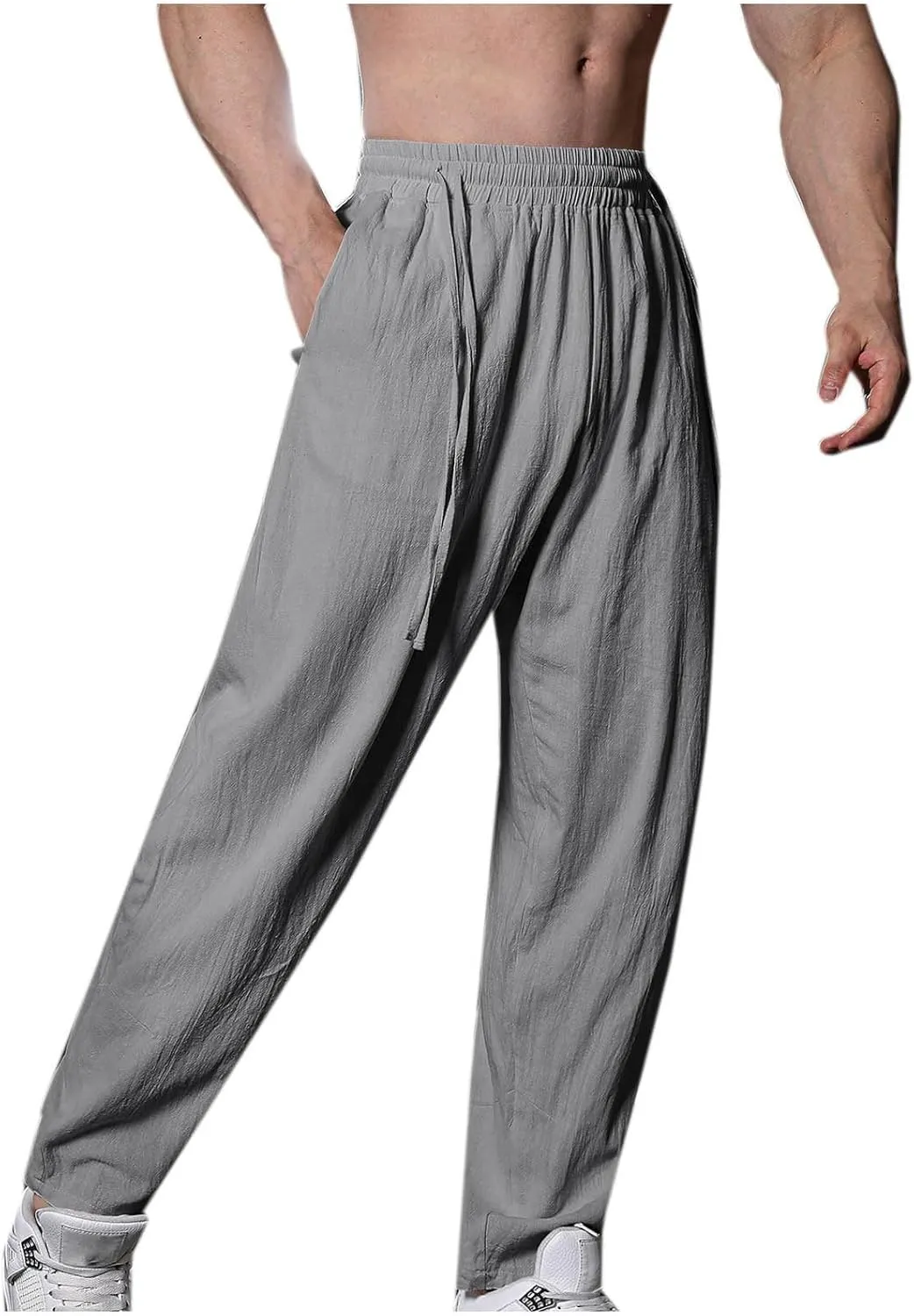 Men's Linen Pants Casual Loose Fit Workout Yoga Pants Drawstring Lightweight Baggy Beach Summer Trousers with Pockets