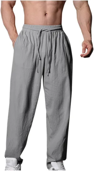 Men's Linen Pants Casual Loose Fit Workout Yoga Pants Drawstring Lightweight Baggy Beach Summer Trousers with Pockets