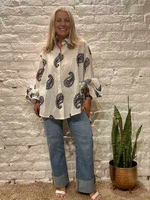 Zeta Otto Structured Sleeve Paisley Embroidered Button Through Shirt